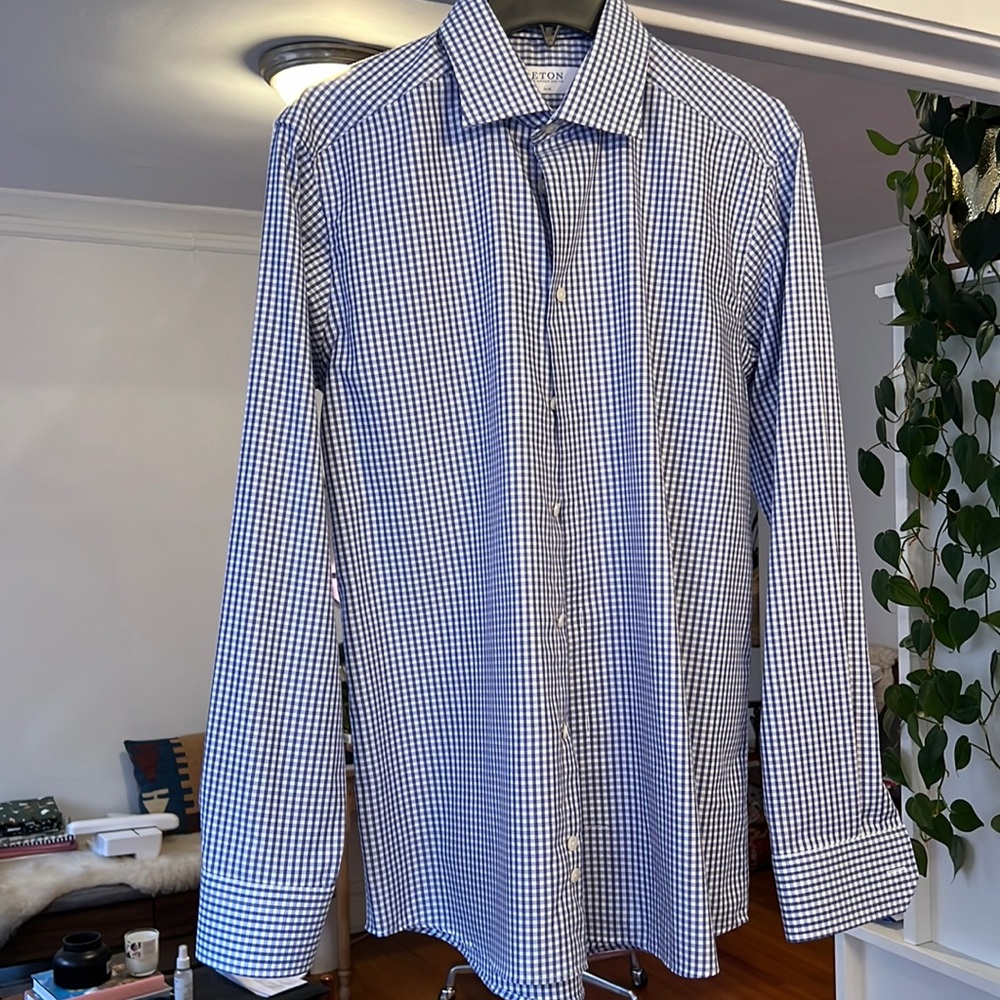 Blue Check Eton Dress Shirt, Slim Fit, 16.5 Neck